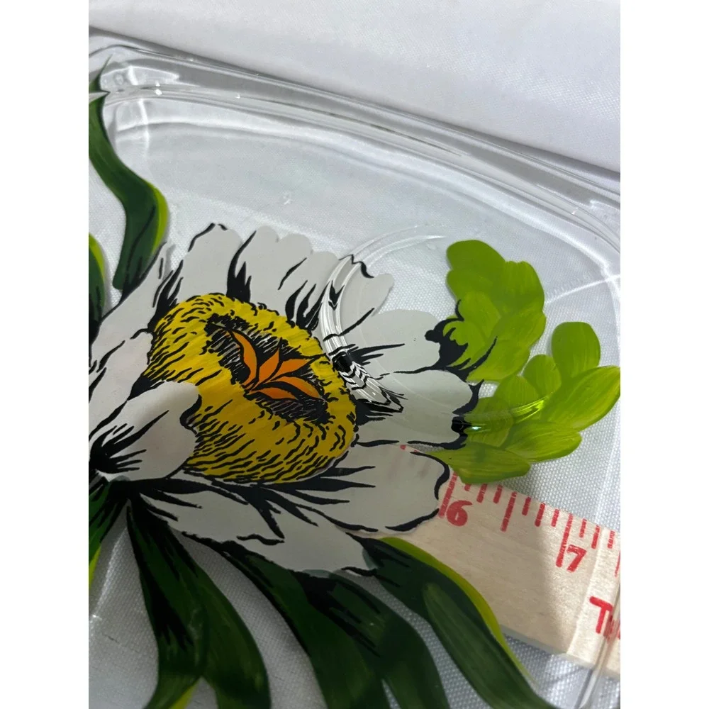 2 Vintage Hand Painted Floral Glass Plates Square cup holder‎ MCM Garden Party